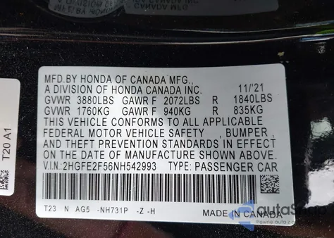 2022 Honda Civic Sport z USA, uszkodzony, nr VIN 2HGFE2F56NH542993